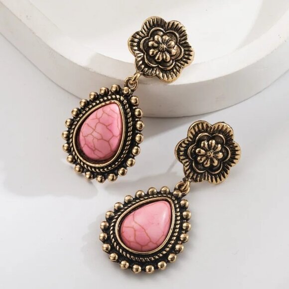 2/$24 Vintage-Style Gold & Pink Teardrop Dangle Earrings With Floral Top - Picture 3 of 7